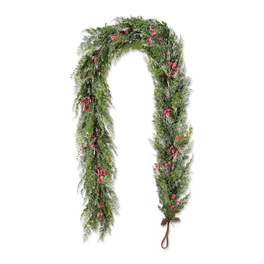 Glitzhome® 9ft. Christmas Greenery Frosted PE Dripping Garland with Pinecones & Red Berries